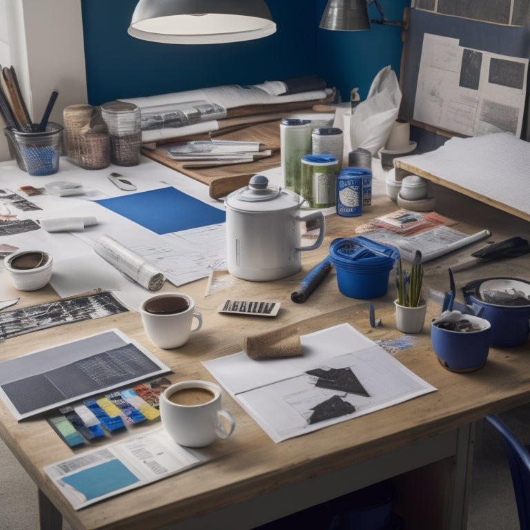 An organized workspace with a large, blank whiteboard in the center, surrounded by rolled-up blueprints, scattered paint swatches, and a cup of steaming coffee, with a few scattered renovation tools.
