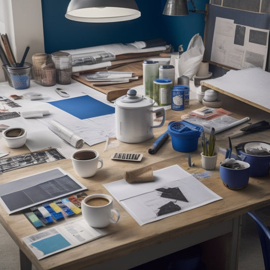 An organized workspace with a large, blank whiteboard in the center, surrounded by rolled-up blueprints, scattered paint swatches, and a cup of steaming coffee, with a few scattered renovation tools.