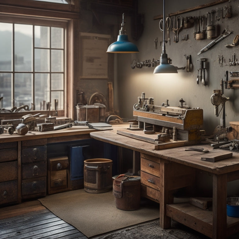 A tidy workshop with a refurbished wooden workbench, surrounded by organized tools and machinery, featuring a prominent drill press and a few scattered blueprints, with a subtle hint of a cityscape outside the window.