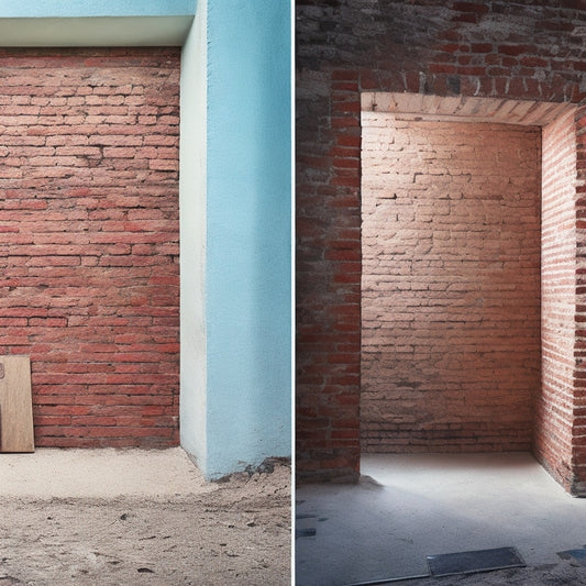 A split-screen image featuring a before-and-after comparison: a worn, crumbling brick wall on the left and a sleek, modern concrete masonry wall on the right, with renovation tools and materials scattered around.