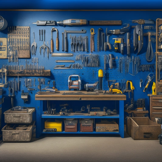 A tidy workshop with a pegboard displaying a mix of power tools, including a cordless drill, impact driver, circular saw, and jigsaw, alongside a toolbox filled with wrenches, pliers, and screwdrivers.