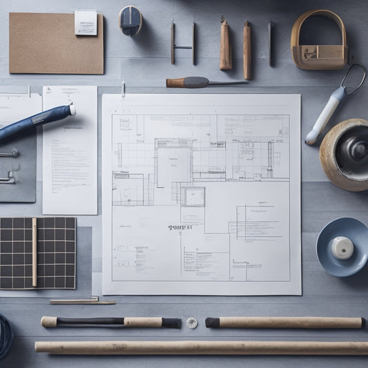 A clutter-free, well-organized renovation site with a rolled-out blueprint, a checklist on a clipboard, and a few scattered construction tools, set against a clean, monochromatic background.