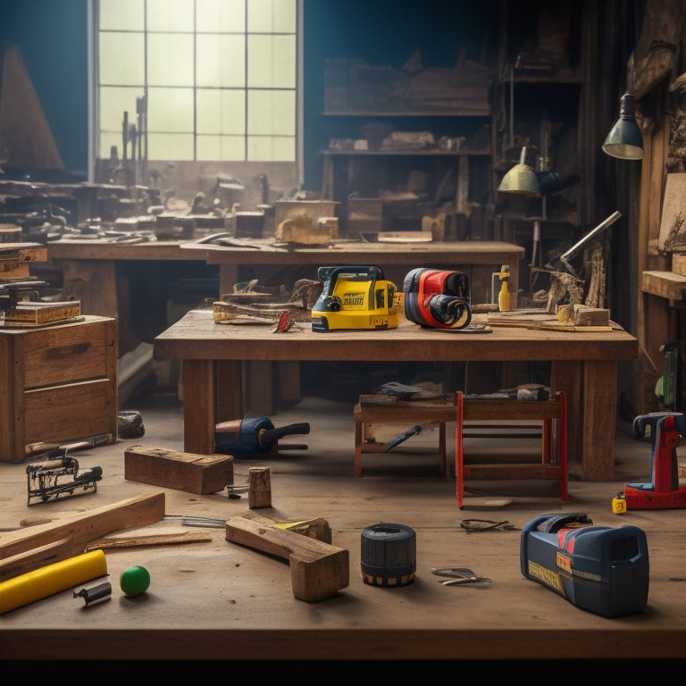 A cluttered workshop background with a variety of leveling tools scattered on a wooden workbench, including a spirit level, laser level, and digital level, with a faint hint of a renovation site in the blurred background.