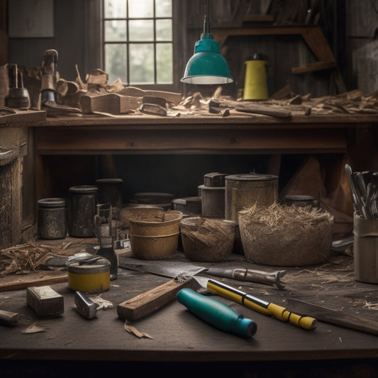 A cluttered workbench with a variety of DIY tools, including a cordless drill, level, tape measure, pliers, and a hammer, surrounded by scattered wood shavings and half-completed renovation projects.