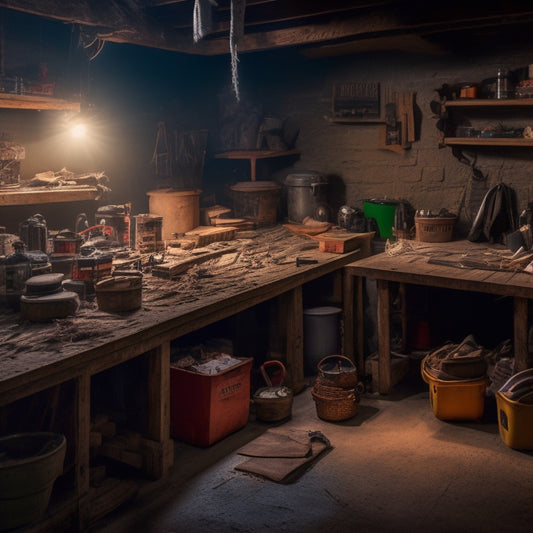 A cluttered basement with scattered renovation tools and materials, with a few tools and a level organized on a makeshift workbench, surrounded by cobwebs and dim lighting.