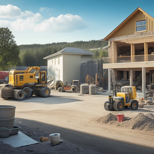 A cluttered construction site with various concrete mixers in the foreground, surrounded by building materials, tools, and a partially renovated house in the background.