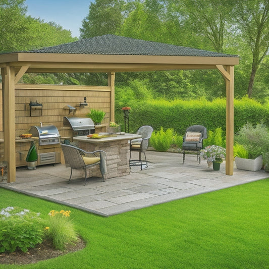 A serene and organized outdoor workspace with a patio renovation in progress, featuring a lawn mower, gardening tools, and building materials arranged around a partially completed patio with a stylish pergola.