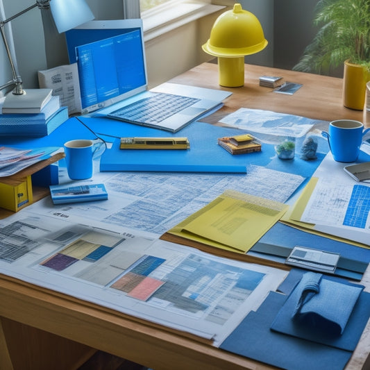 A cluttered home office desk with scattered blueprints, a calculator, and a laptop displaying a spreadsheet, surrounded by renovation catalogs and color swatches, with a faint background of a half-renovated room.