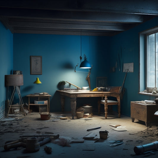 A cluttered, dimly lit room with torn wallpaper, scattered furniture, and construction tools, contrasting with a adjacent space featuring a sleek, minimalist design, 3D model blueprints, and a satisfied homeowner.