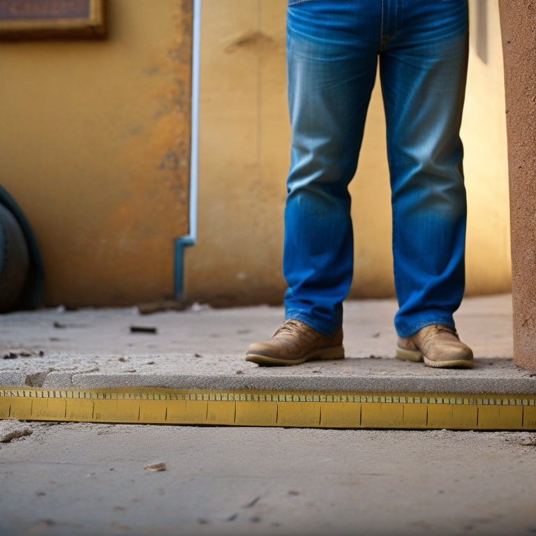 An image of a person holding a tape measure, standing in front of a worn-out cement step with cracks and crumbling edges, with a contrasting renovated step in the background.
