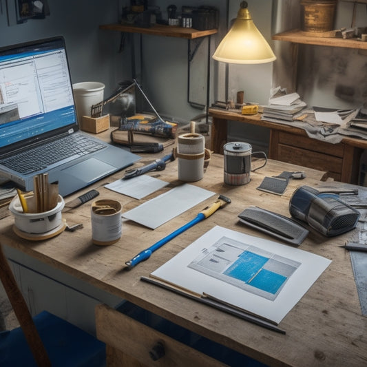 A well-organized workspace with a laptop, blueprints, and various renovation tools like a level, tape measure, and hammer, surrounded by a faint background of a partially renovated room.