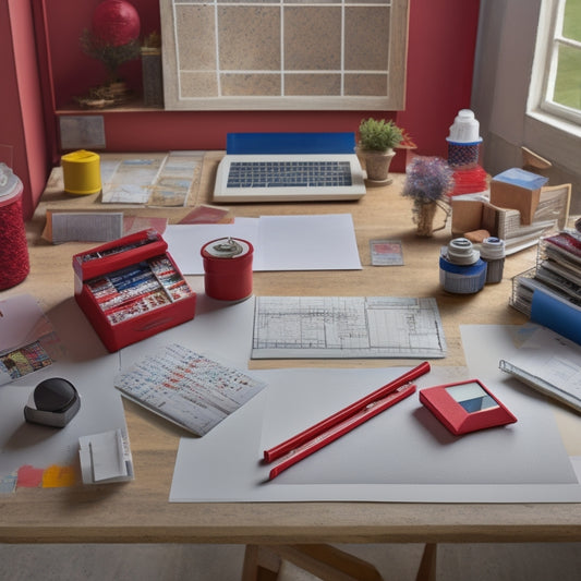 A tidy, organized workspace with a laptop, calculator, and scattered blueprints, surrounded by stacks of paint swatches, tile samples, and a miniature model of a house with a red ribbon tied around it.