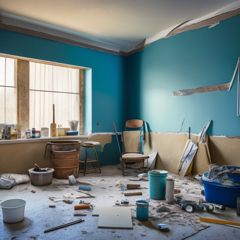 A messy living room with torn wallpaper, exposed drywall, and scattered tools, contrasting with a sleek, organized renovation kit in the corner, complete with a putty knife, sandpaper, and a bucket of spackling compound.