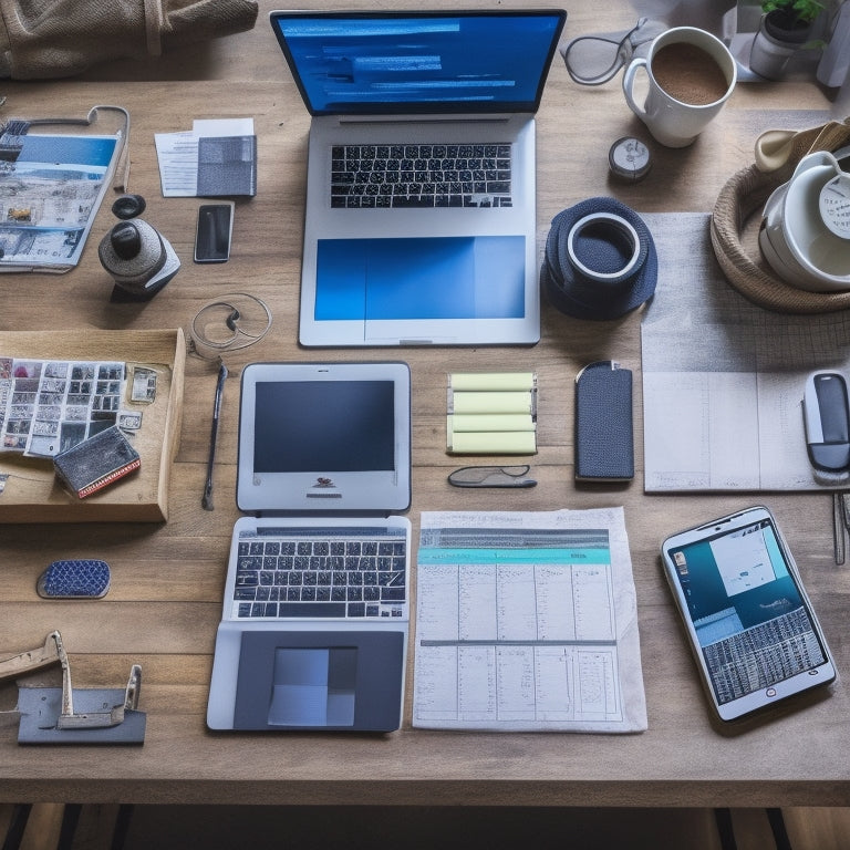 A cluttered home office desk with a laptop, scattered papers, and a few home renovation tools like a hammer and tape measure, surrounded by a smartphone and three tablets, each displaying a different budgeting app interface.