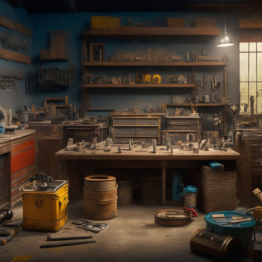 A cluttered workshop background with a central, well-organized toolbox filled with assorted renovation tools, surrounded by scattered blueprints, measuring tapes, and a few strategically placed power tools.