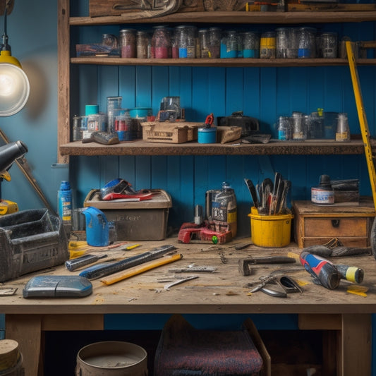 A cluttered, yet organized, DIY workbench featuring a variety of renovation supplies, including a cordless drill, level, paint swatches, and a bucket of joint compound, surrounded by scattered tools and materials.