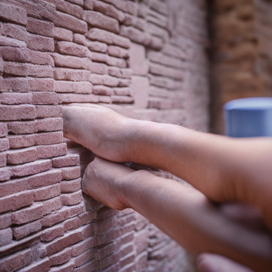 A photograph of a skilled mason's hands holding a level and trowel, surrounded by neatly arranged bricks, with a subtle background of a partially built wall with perfect joints and clean grout lines.