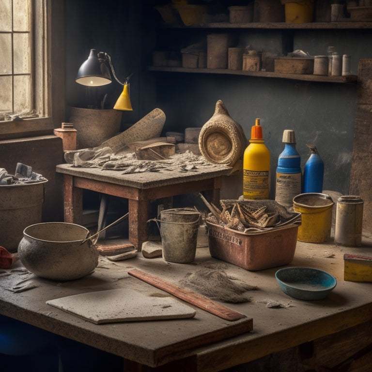 A cluttered, well-lit workshop table with a variety of organized plastering tools, including a hawk, trowel, joint knife, and mixing bucket, surrounded by scattered plaster dust and renovation materials.