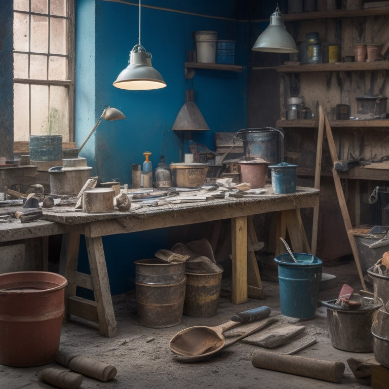 A cluttered workshop table with various tools scattered around, including a putty knife, trowel, joint knife, and sandpaper, surrounded by chunks of plaster, buckets of water, and a ladder in the background.