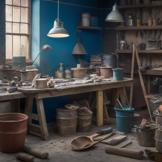 A cluttered workshop table with various tools scattered around, including a putty knife, trowel, joint knife, and sandpaper, surrounded by chunks of plaster, buckets of water, and a ladder in the background.