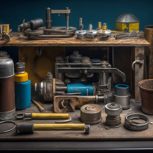 A close-up of a disassembled filling machine, with various components laid out, including a worn-out O-ring, a rusty valve, and a cracked conveyor belt, surrounded by tools and a checklist.