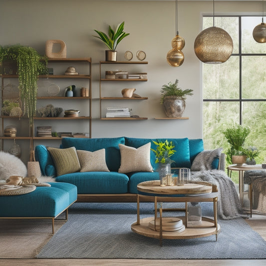 A beautifully styled, modern living room with a mix of textures: reclaimed wood shelves, velvet pillows, and a statement light fixture, surrounded by subtle decorative accents and lush greenery.