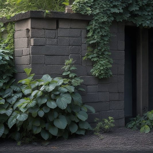 A worn, crumbling cinder block wall with ivy overgrowth, cracked mortar, and rusty metal reinforcement, juxtaposed with a sleek, renovated version featuring smooth gray blocks, modern lighting, and lush greenery.