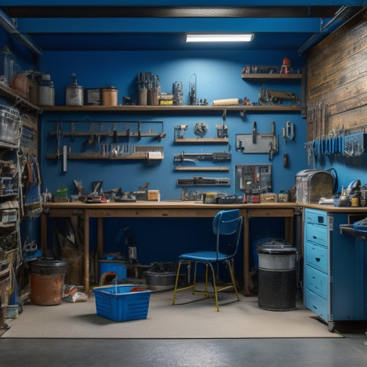 A cluttered block garage with scattered tools and materials, transformed into a sleek, organized space with a pegboard, toolbox, and measuring tapes neatly coiled, surrounded by renovation plans and blueprints.