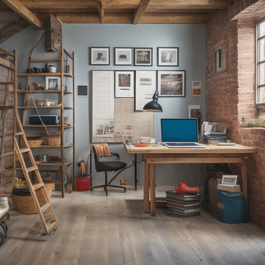 A clutter-free, well-organized renovation workspace with a variety of sleek, modern tools laid out on a wooden table, surrounded by partially renovated walls and a ladder in the background.