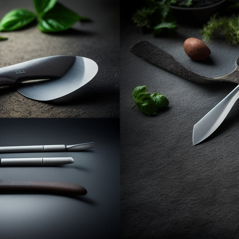 A split-screen image featuring five trowel blades with distinct materials: stainless steel, carbon steel, aluminum, fiberglass, and silicone, each with a subtle gradient effect and a faint DIY workshop background.