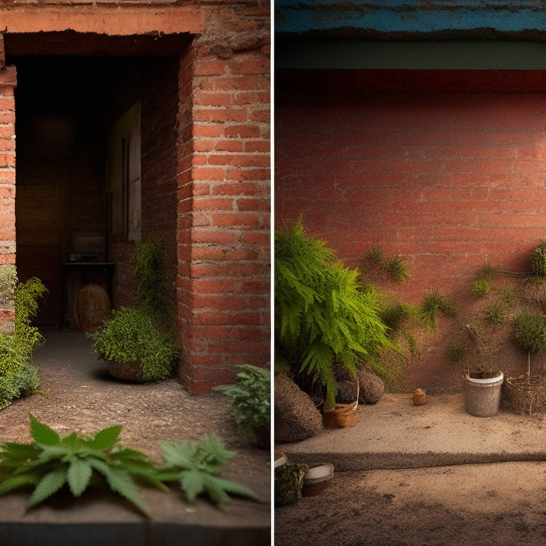 An image of a before-and-after scene: a crumbling, weed-covered block wall on the left, and a newly renovated, clean, and sturdy wall on the right, with tools and materials scattered around.