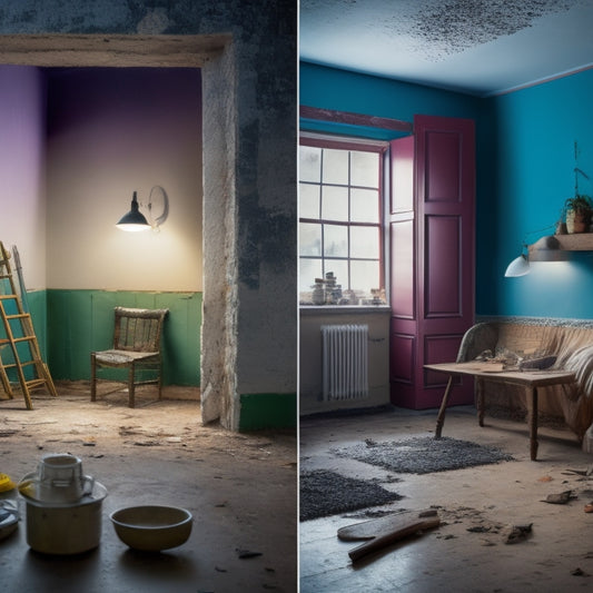 A cluttered, dimly lit room with torn wallpaper, broken tiles, and scattered tools transforms into a bright, modern space with a half-painted wall, a hammer, and a "before and after" split-screen effect.