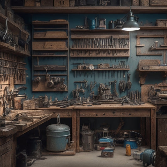 A cluttered workshop background with a variety of tools and equipment, including a circular saw, drill press, and impact wrench, organized on shelves and hanging from pegboards.