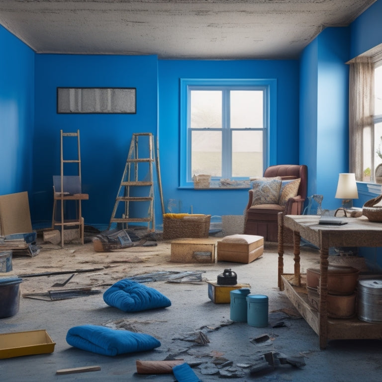 A partially renovated living room with a ladder, toolbox, and blueprints scattered on a cluttered coffee table, surrounded by torn wallpaper and exposed drywall.