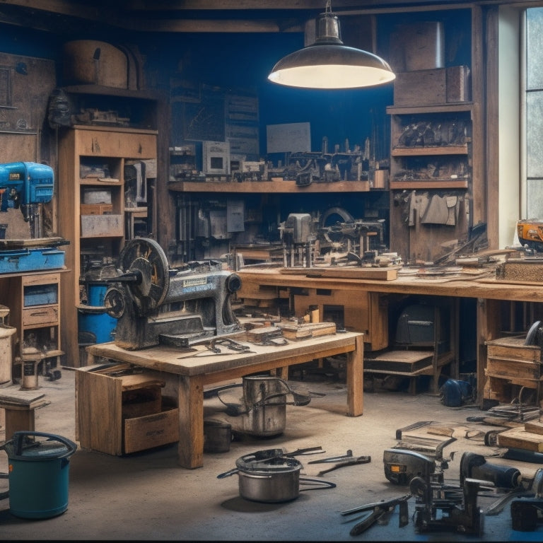 A cluttered but organized workshop with a variety of tools and equipment, including a circular saw, drill press, and impact driver, surrounded by half-finished renovation projects and scattered blueprints.