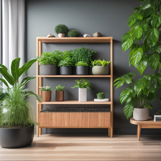A modern living room with a sleek, minimalist DIY self-watering planter system built into a wooden wall shelf, featuring lush green plants and a visible water reservoir.