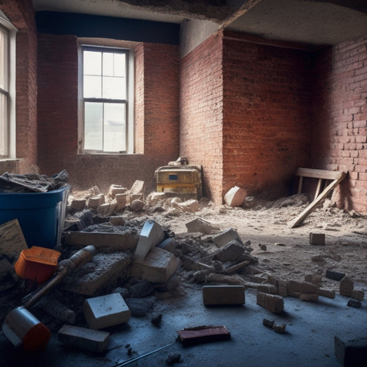 A messy construction site with a demolished wall, scattered bricks, and a sledgehammer lying on the floor, surrounded by dust and debris, with a partially renovated room in the background.