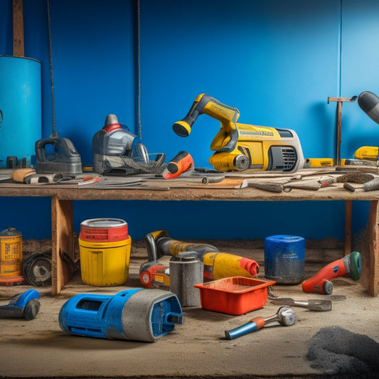 A cluttered workshop table with various power tools, including a concrete mixer, circular saw, impact driver, and angle grinder, surrounded by concrete blocks, renovation plans, and scattered tools.