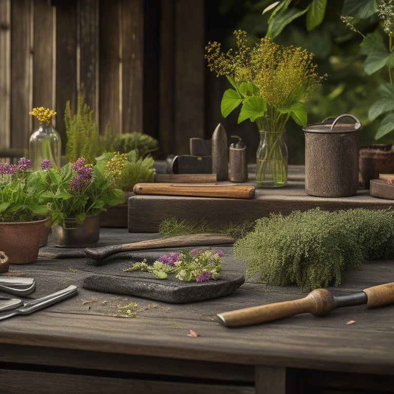 A rustic wooden garden table surrounded by a selection of vintage and modern hand tools, with a blurred background of lush greenery and a few scattered flower petals.