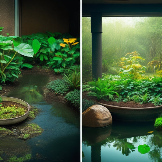 A split-image composition featuring a waterlogged planter on the left, with stagnant water and wilted plants, and a well-draining planter on the right, with thriving greenery and a visible drainage system.