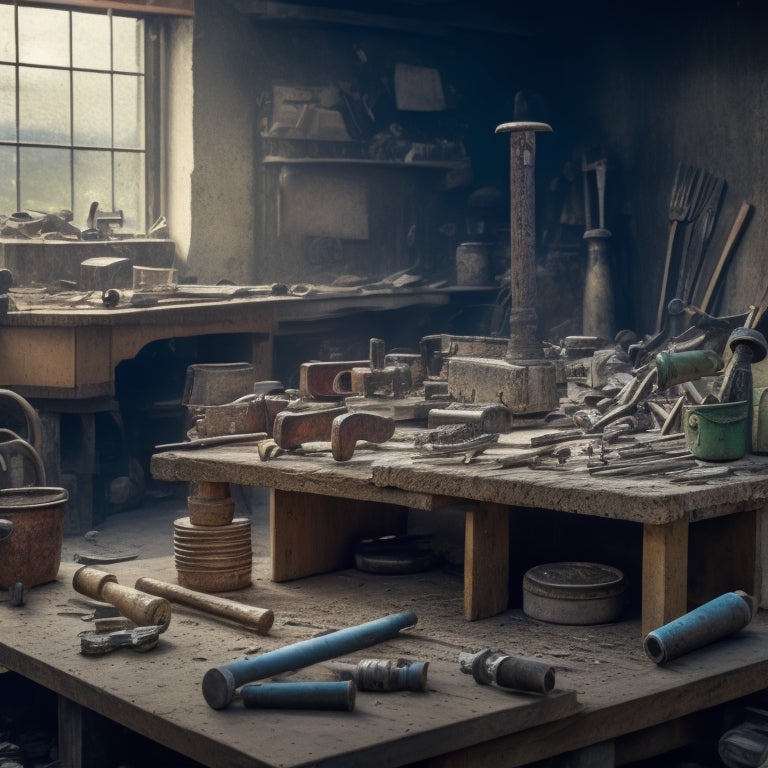 A cluttered workshop background with 10 demolition hammers of varying sizes and brands scattered on a wooden workbench, surrounded by broken concrete, rusty pipes, and torn drywall.