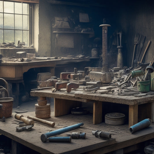 A cluttered workshop background with 10 demolition hammers of varying sizes and brands scattered on a wooden workbench, surrounded by broken concrete, rusty pipes, and torn drywall.