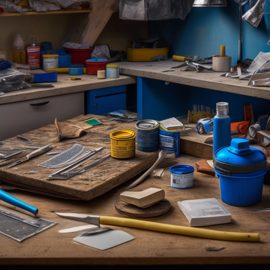 A cluttered workbench with various patching tools, including a putty knife, joint compound, sandpaper, and a drywall repair kit, surrounded by scraps of drywall, paint swatches, and DIY blueprints.