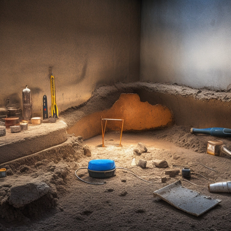 A partially excavated foundation wall with cracks, water damage, and rusted rebar, surrounded by inspecting tools like a flashlight, level, and moisture meter, on a dusty, worn-out concrete floor.