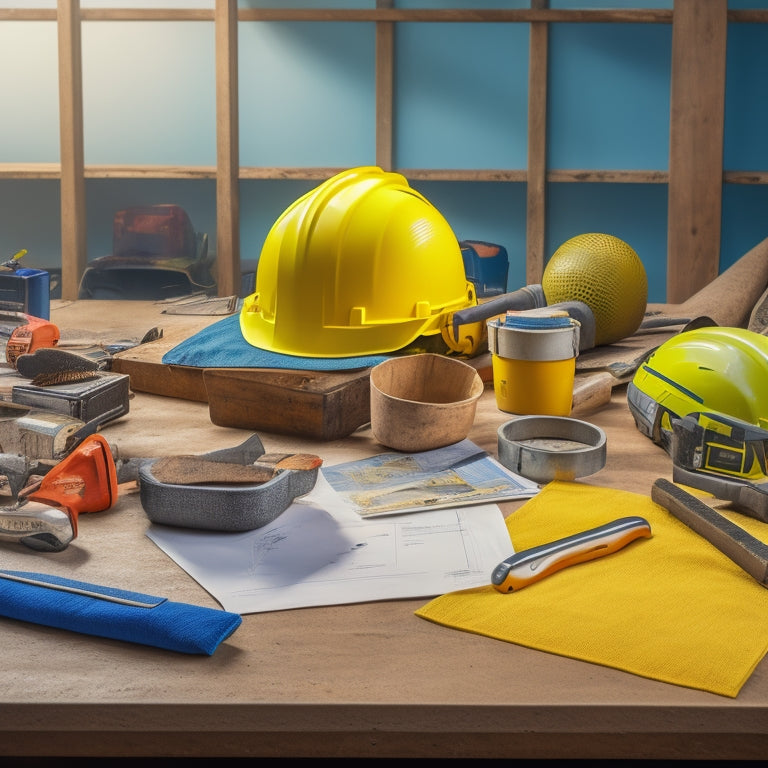 A cluttered home renovation site with a yellow hard hat and vest on a workbench, surrounded by scattered tools and blueprints, with a faint grid of safety symbols in the background.