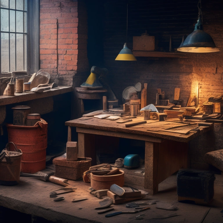 A cluttered, well-lit workshop table with various masonry tools scattered across it, including a trowel, level, jointer, and hammer, surrounded by scattered bricks and mortar.