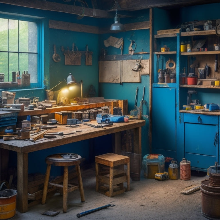 A cluttered workshop backdrop with a central, worn wooden workbench, surrounded by essential renovation supplies like a hammer, tape measure, level, and buckets of paint and tools, with a faint blueprints outline on the wall.