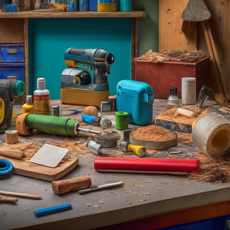 A cluttered workbench with a hammer, level, tape measure, and drill, surrounded by scattered wood shavings, paint swatches, and scattered DIY renovation plans, with a subtle background of a renovation-in-progress.