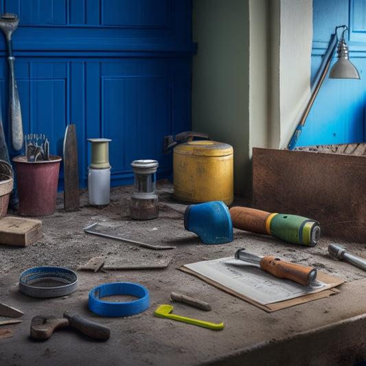 A cluttered but organized home renovation site with a mix of worn and new tools, including a shovel, drill, and level, surrounded by scattered blueprints and a faint hammer outline on the wall.