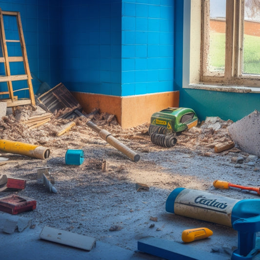 A cluttered home renovation site with various demolition tools scattered around, including a jackhammer, wrecking bar, and sledgehammer, amidst broken tiles, shattered drywall, and rubble.